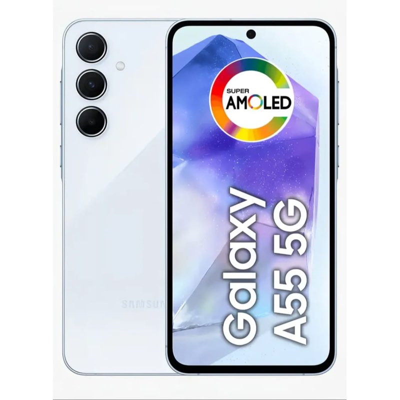 Samsung Galaxy A55 5G azul-celeste, frente e verso em detalhe