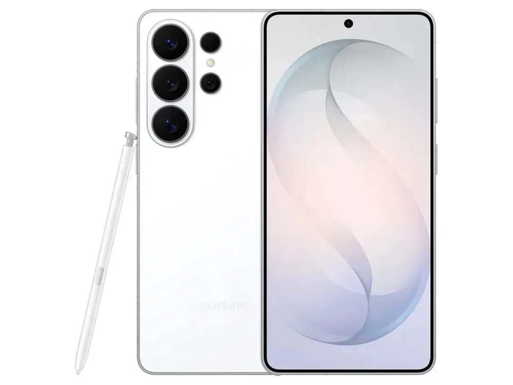 Samsung Galaxy S26 Ultra branco com S Pen, vista traseira e frontal