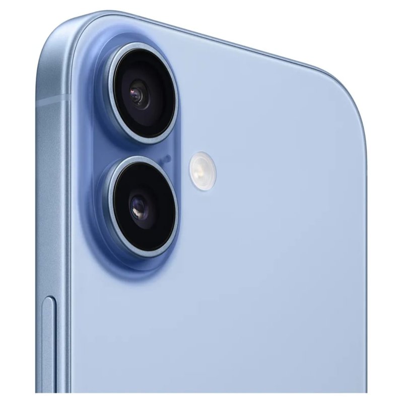 Detalhe das duas câmeras traseiras do iPhone 17 azul-névoa