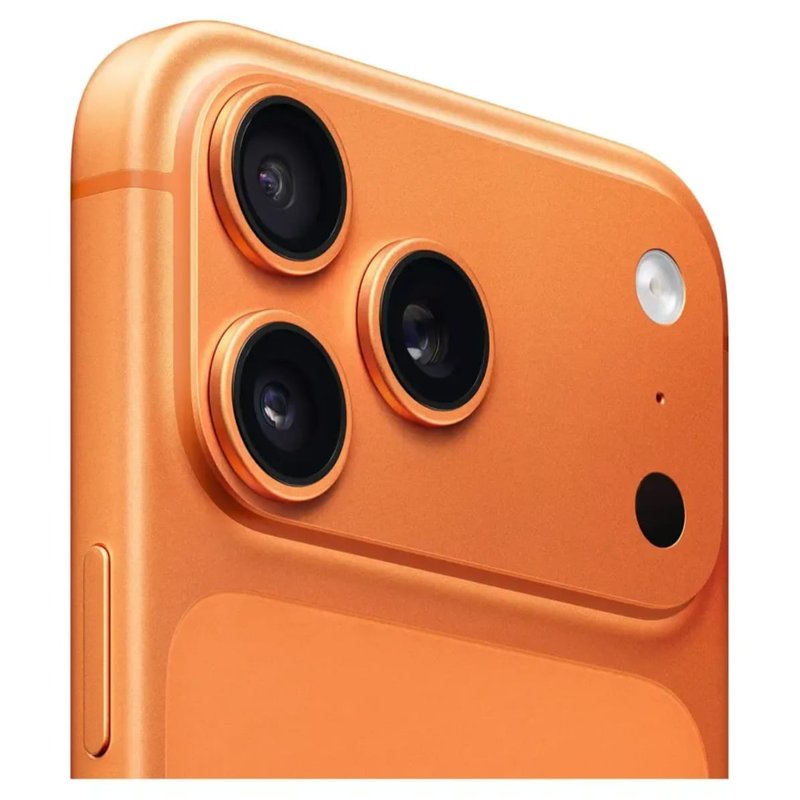Detalhe das três câmeras traseiras do iPhone 17 Pro Max laranja cósmico